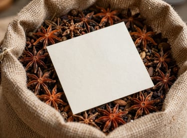 Detail shot of a premium quality jute bag filled with whole spices, with an off-white label.