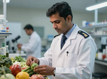 A professional South Asian inspector in a clean white coat checking produce in a brightly lit laboratory.