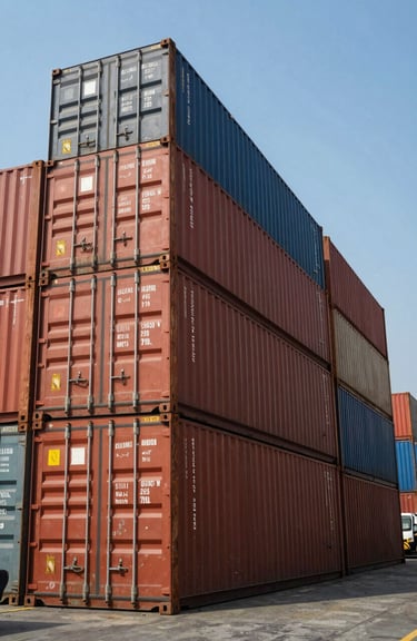 Large cargo containers at a busy Indian port being loaded under a clear steel blue sky.