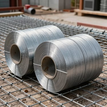 Detailed shot of professional installation tools and silver rolls of chain-link mesh on a South American construction site, industrial style.