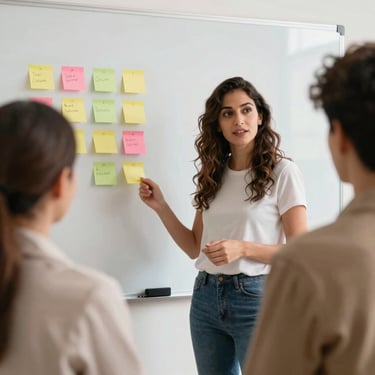 Mujer explicando estrategias frente a una pizarra con notas adhesivas
