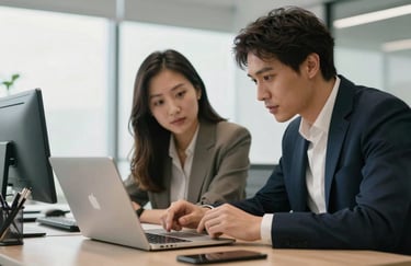Two professionals in a bright, modern office collaborating over a sleek laptop, discussing a mobile application interface, Global / Tech-focused.
