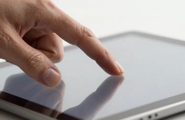 A macro shot focusing on a finger interacting with a tablet screen showing a smooth animation, professional lighting in a bright, modern studio, Global / Tech-focused.