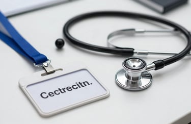 A professional identification badge and a modern stethoscope resting on a clean white desk in a British clinical office, symbolizing accreditation.