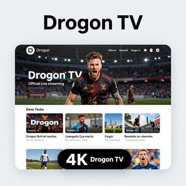 Screenshot of the Drogon TV streaming app interface with a soccer player, featuring live streaming, 4K content, and various
