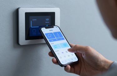 Close up of a person using a mobile app to adjust the temperature on a smart home system in a North American / US household, steel blue tones.