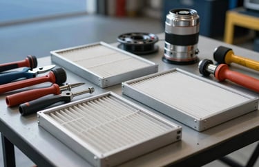 A close-up shot of high-quality HVAC tools and filters arranged neatly on a work table in a North American / US garage setting, sky blue lighting.