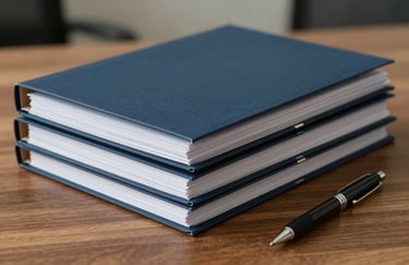 A neatly organized stack of folders and a professional pen on a wooden desk in a North American / US office, symbolizing documentation assistance. Accents of dark slate blue and mist white are visible.