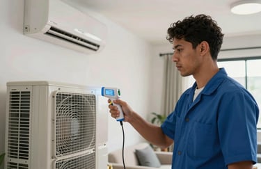 A Brazilian technician in a professional uniform using a digital thermometer to check the airflow of an AC unit in a stylish modern apartment, South American context.