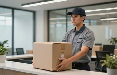 A logistics professional in a clean uniform delivering supplies to a modern corporate office reception area.