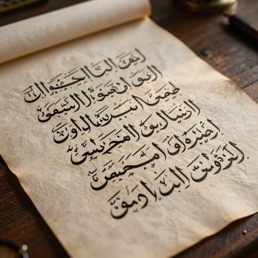 Artistic Urdu calligraphy on fine parchment paper, illuminated by a warm side light, showcasing literary tradition.