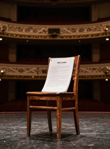 A wide shot of a theater stage at night with a single wooden chair and a script, symbolizing directing and performance in Maryland.