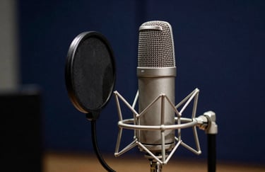 A professional condenser microphone in a recording studio, softly lit with deep navy highlights, suggesting high-quality audio production.