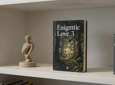 The cover of 'Enigmatic Love' book displayed on a white minimalist shelf next to a small, elegant sculpture.