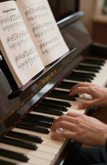 Close-up of a composer's hands on a piano keyboard, with sheet music titled 'Original Songs' in a soft gold glow.