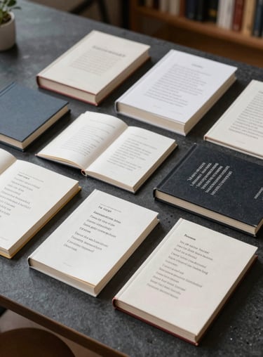 A collection of modern poetry volumes and lyric sheets organized neatly on a dark charcoal table in a creative workspace.
