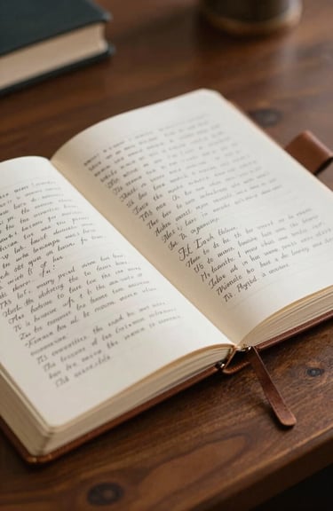 A close-up of an open leather-bound journal with handwritten lyrics, resting on a polished dark wood desk in a North American / US study, elegant serif typography visible.
