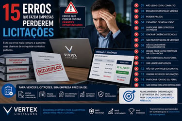 Infográfico detalhando 15 erros comuns em licitações públicas para empresas que buscam contratos com o governo.