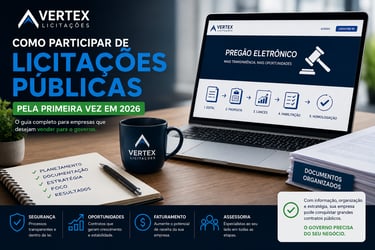 Guia de licitações públicas 2026 da Vertex com notebook mostrando as etapas do pregão eletrônico.