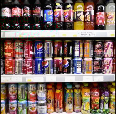 Shelves of assorted soda bottles and cans including Coca-Cola, Pepsi, Irn-Bru, and Lucrezade in a retail store.