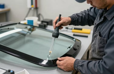 A skilled technician wearing a dark blue-grey uniform, using professional glass suction handling tools to carefully lift a new windshield. North American / US indoor workshop setting with clean, organized equipment.
