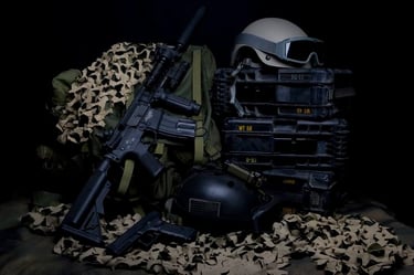 Tactical military gear including an assault rifle, pistol, helmets, and ammo crates on camouflage netting.