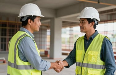 A professional South American / Brazilian engineer in a hard hat and safety vest shaking hands with a client on a construction site, emphasizing trust and collaboration.