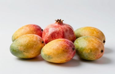 A clean, studio shot of a variety of seasonal fruits like mangos and pomegranates on a light #DCE4D6 background. The composition is direct and professional, emphasizing the premium quality of individual pieces of produce.