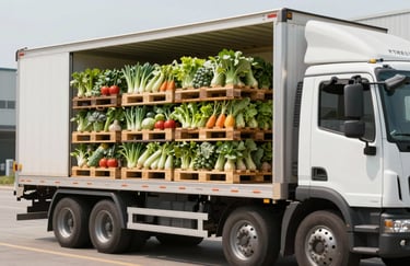 A shot of a logistics truck being loaded with pallets of fresh vegetables in a temperature-controlled environment. The scene communicates efficiency and reliability in a professional B2B context, using a color palette of #F7FAF6 and #1A3B2B.