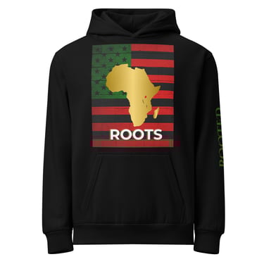 Black hoodie featuring a gold Africa map over a Pan-African flag and the word Roots.