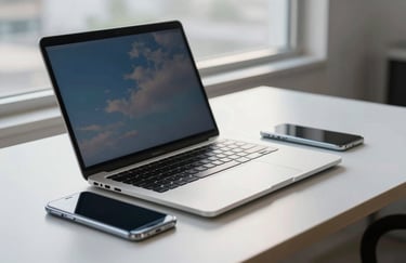 A sharp, professional photograph of a silver laptop and a smartphone on a clean desk, reflecting a sky blue sky through a nearby window.
