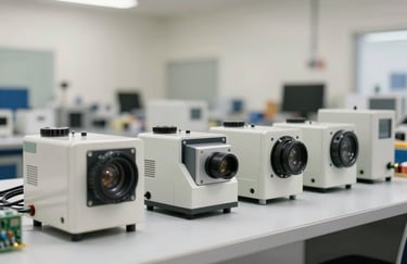 A series of high-quality industrial automation components and electronic modules lined up on a clean workbench in a Turkish / Anatolian factory, bright soft off-white lighting.