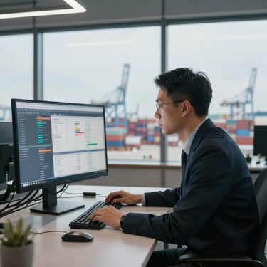 A professional logistics coordinator in a modern office overlooking a port terminal, looking at digital screens with shipping data, International / Global setting.