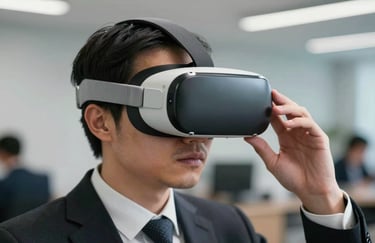 A close-up of a person in professional attire interacting with a sophisticated VR headset for simulation-based workforce training, high-tech North American office setting.