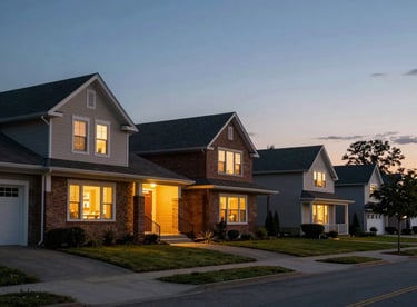 A North American suburban street at twilight with warm, inviting lights glowing from window frames.