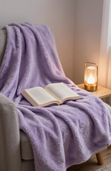 A cozy reading nook with a soft lavender blanket and a small golden lamp creating a safe corner.