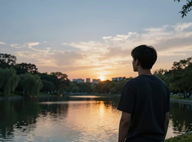 A person looking out at a calm park during sunset, with soft blue and gold hues in the sky.