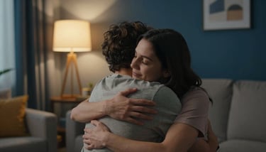 A person in a soft lavender sweater sitting in a cozy North American home at dusk, looking comforted and peaceful.