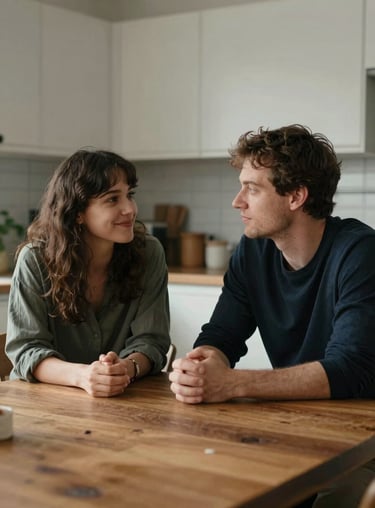 Two people sitting at a wooden kitchen table sharing a quiet and meaningful moment of connection.