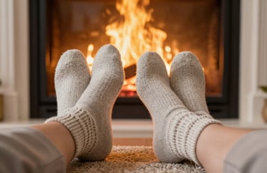 Two pairs of feet in warm knit socks resting near a glowing fireplace with golden light.
