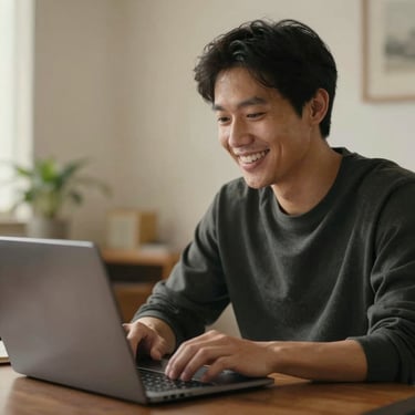 A candid shot of a person smiling while engaging in a deep conversation over a laptop in a warm room.