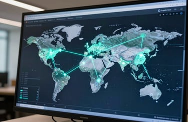 A close-up shot of a digital logistics map displayed on a sleek glass screen, showing glowing teal connections across a world map, professional corporate office setting in North America.