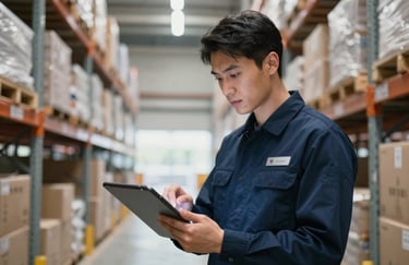 A professional in a clean, dark blue corporate uniform inspecting a digital cargo manifest on a tablet inside a bright, modern warehouse, focused and professional.