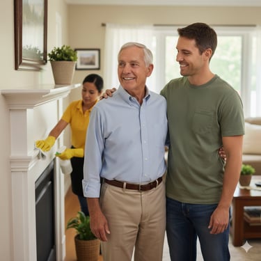 A senior man and his son smiling while a professional home caregiver cleans the fireplace mantel.