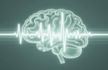 Abstract light patterns resembling brain waves that transition into a musical staff, representing the blend of NCSP work and music, in shades of #527A79 and #B8C7C9.