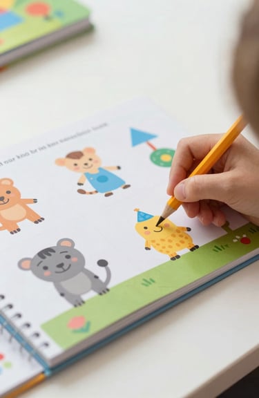 A colorful kindergarten activity book with friendly illustrations and geometric shapes in #3C5A6C and #9EB7C2.