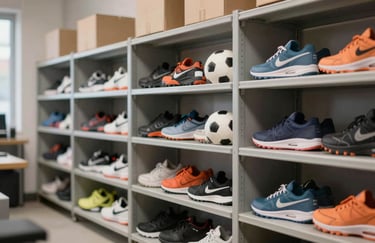An organized storage area of sports gear, showing efficiency and streamlined logistics, with clean lighting.