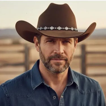 Homme avec chapeau de cowboy marron dans un décor western