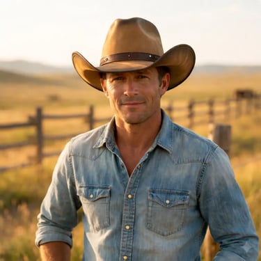 Homme portant un chapeau de cowboy en feutre marron et une chemise en jean, illustrant un style western décontracté