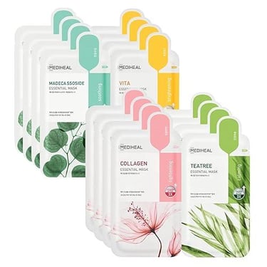 Variety pack of Mediheal essential sheet masks including tea tree and collagen for skincare.